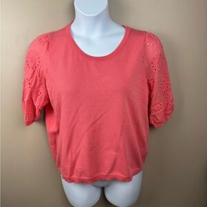 Nanette Lepore Coral Eyelet Puff Sleeve Knit Top Women’s XL Elastic Hem Blouse